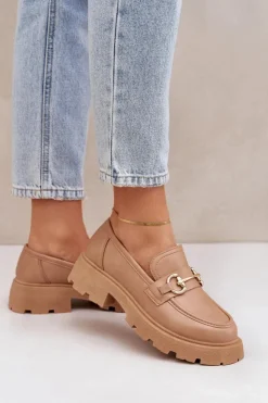 Boto Mokasyny Damskie Ze Złotym Detalem Beżowe Ferietta