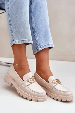 Boto Loafersy Damskie|Mokasyny Płaskie*Mokasyny Damskie Ze Złotym Detalem Beżowe Trionna Beżowy