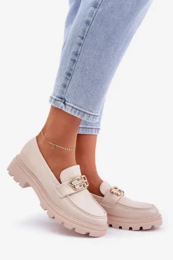 Boto Loafersy Damskie|Mokasyny Płaskie*Mokasyny Damskie Ze Złotym Detalem Beżowe Trionna Beżowy