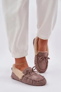 Sale Boto Mokasyny Kapcie Damskie Z Futerkiem Ciemnobeżowe Kleogoria