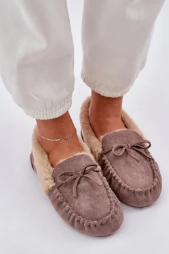 Sale Boto Mokasyny Kapcie Damskie Z Futerkiem Ciemnobeżowe Kleogoria