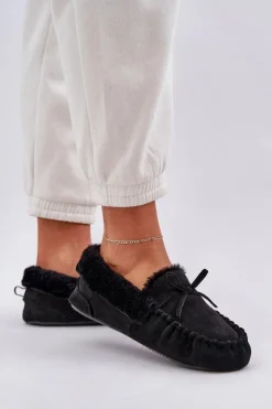 Boto Loafersy Damskie|Kapcie Klasyczne*Mokasyny Kapcie Damskie Z Futerkiem Czarne Kleogoria