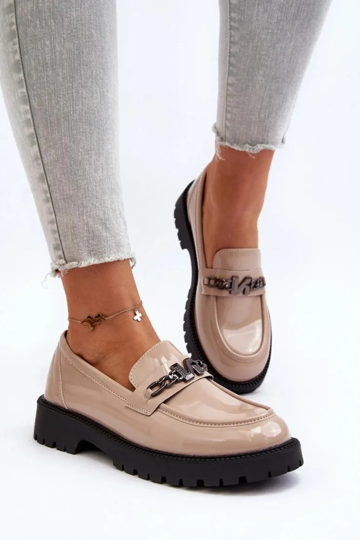 Buty damskie Vinceza Loafersy Damskie|Mokasyny Płaskie*Mokasyny Lakierowane Damskie Na Płaskim Obcasie Beżowe Ezoma Beżowy