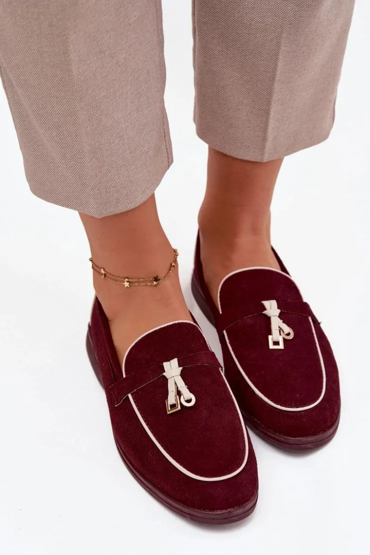 Damskie Boto Mokasyny Loafersy Damskie Z Eko Zamszu Bordowe Darwen