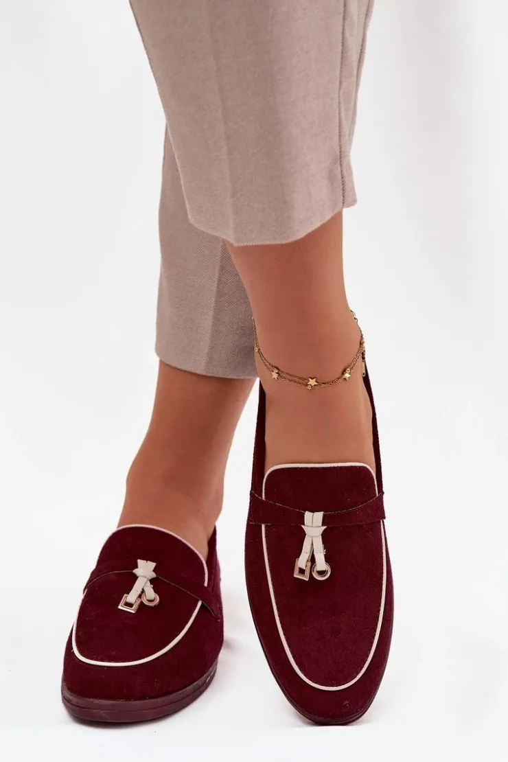 Damskie Boto Mokasyny Loafersy Damskie Z Eko Zamszu Bordowe Darwen