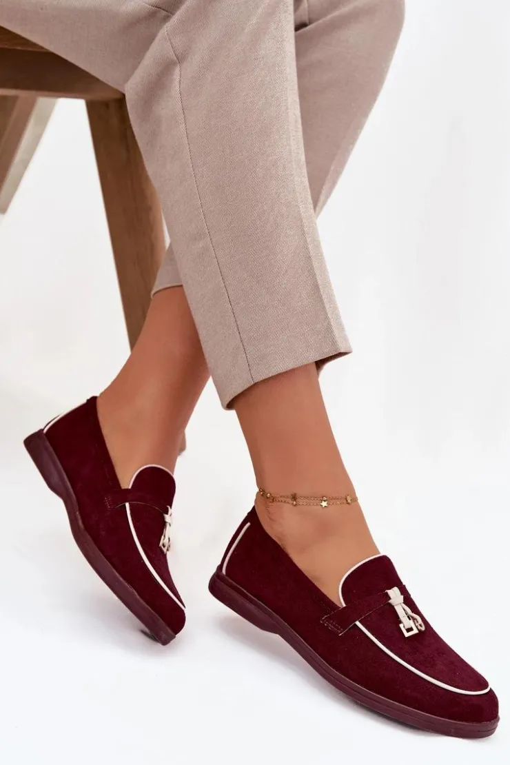 Damskie Boto Mokasyny Loafersy Damskie Z Eko Zamszu Bordowe Darwen
