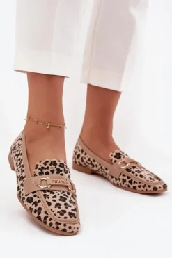 Damskie Boto Mokasyny Loafersy Damskie Z Ozdobnym Elementem Panterka Beżowe Evelora