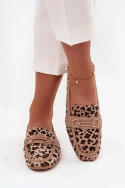 Damskie Boto Mokasyny Loafersy Damskie Z Ozdobnym Elementem Panterka Beżowe Evelora