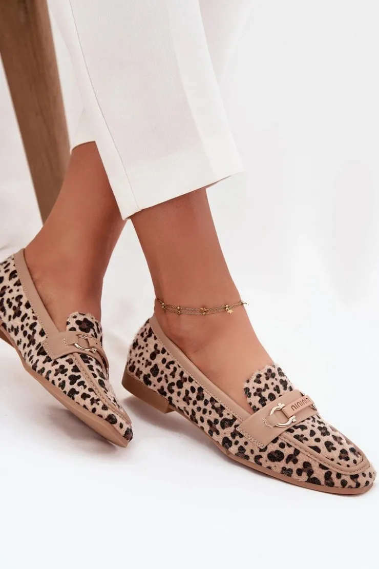 Damskie Boto Mokasyny Loafersy Damskie Z Ozdobnym Elementem Panterka Beżowe Evelora
