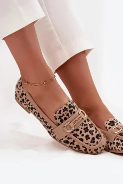 Damskie Boto Mokasyny Loafersy Damskie Z Ozdobnym Elementem Panterka Beżowe Evelora