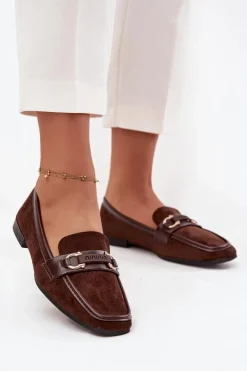 Damskie Boto Mokasyny Loafersy Damskie Z Ozdobnym Elementem Czekoladowe Evelora
