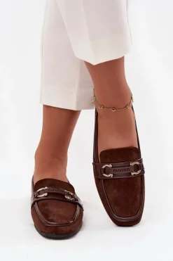 Damskie Boto Mokasyny Loafersy Damskie Z Ozdobnym Elementem Czekoladowe Evelora