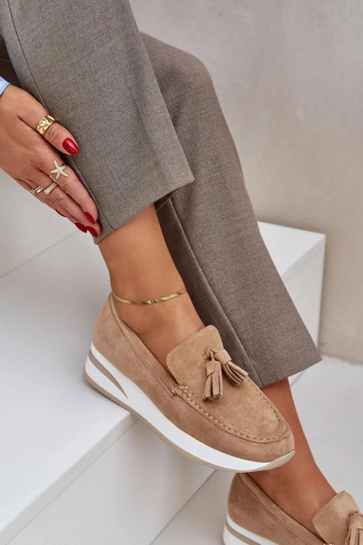 Damskie Boto Mokasyny Na Delikatnym Koturnie Eko Zamszowe Beżowe Challavia