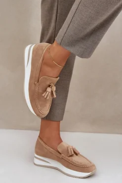 Damskie Boto Mokasyny Na Delikatnym Koturnie Eko Zamszowe Beżowe Challavia