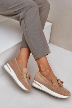 Damskie Boto Mokasyny Na Delikatnym Koturnie Eko Zamszowe Beżowe Challavia