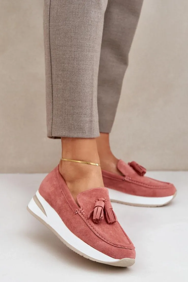 Boto Loafersy Damskie|Mokasyny Damskie Zamszowe*Mokasyny Na Delikatnym Koturnie Eko Zamszowe Różowe Challavia