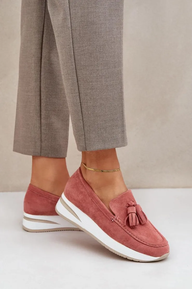 Boto Loafersy Damskie|Mokasyny Damskie Zamszowe*Mokasyny Na Delikatnym Koturnie Eko Zamszowe Różowe Challavia