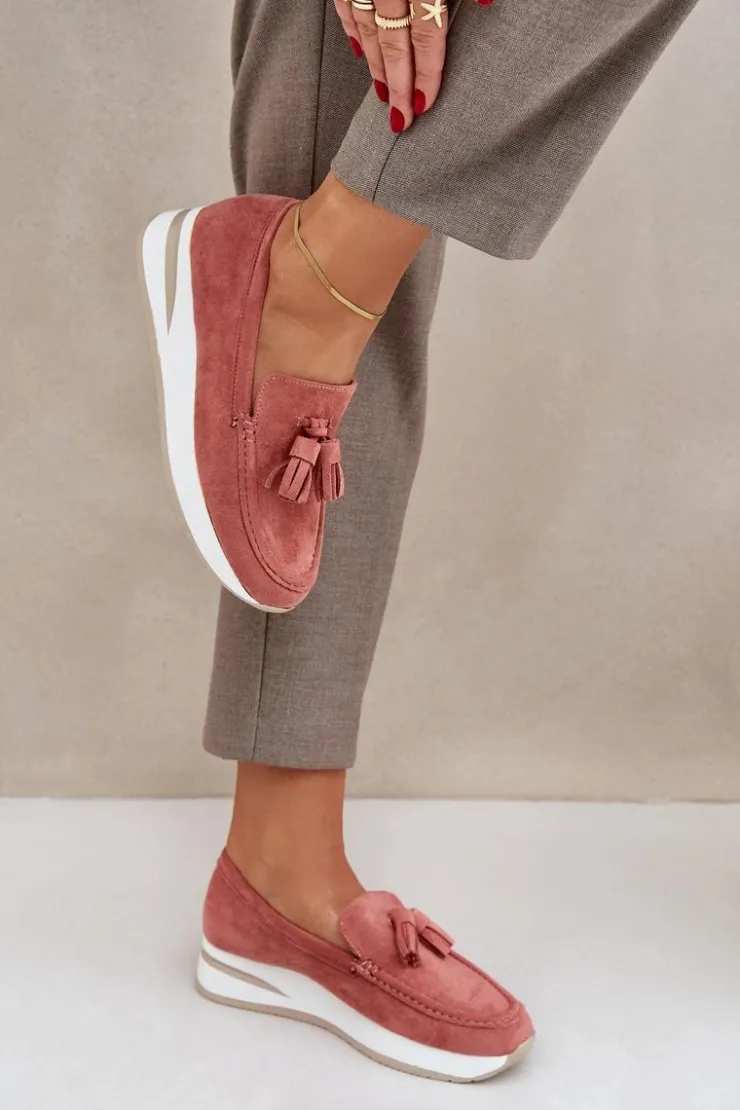 Boto Loafersy Damskie|Mokasyny Damskie Zamszowe*Mokasyny Na Delikatnym Koturnie Eko Zamszowe Różowe Challavia