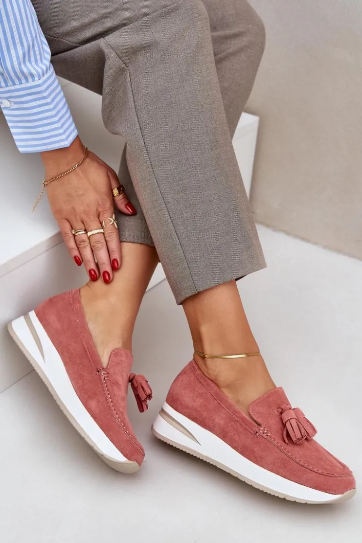 Boto Loafersy Damskie|Mokasyny Damskie Zamszowe*Mokasyny Na Delikatnym Koturnie Eko Zamszowe Różowe Challavia