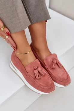 Boto Loafersy Damskie|Mokasyny Damskie Zamszowe*Mokasyny Na Delikatnym Koturnie Eko Zamszowe Różowe Challavia
