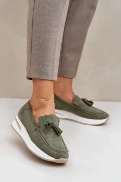 Clearance Boto Mokasyny Na Delikatnym Koturnie Eko Zamszowe Zielone Challavia