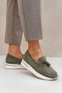 Clearance Boto Mokasyny Na Delikatnym Koturnie Eko Zamszowe Zielone Challavia