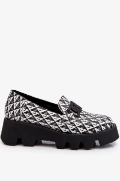 Laura Messi Mokasyny Damskie Skórzane|Mokasyny Na Platformie*Mokasyny Na Masywnej Platformie 2601 Czarno-Białe
