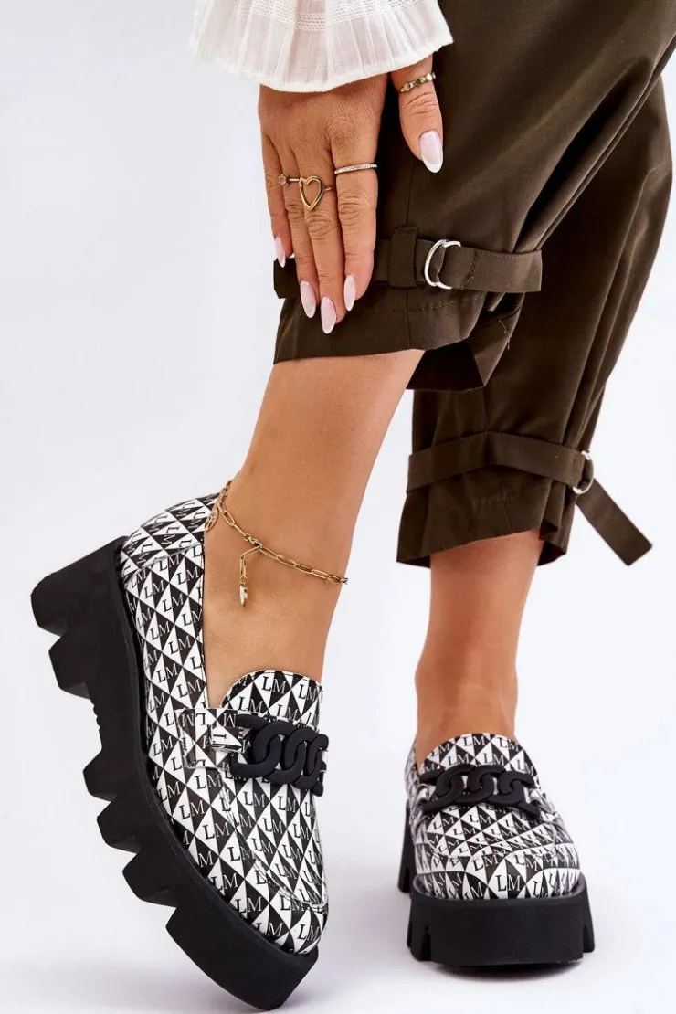 Laura Messi Mokasyny Damskie Skórzane|Mokasyny Na Platformie*Mokasyny Na Masywnej Platformie 2601 Czarno-Białe