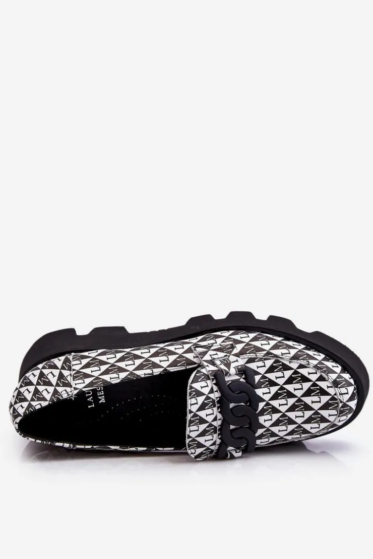 Laura Messi Mokasyny Damskie Skórzane|Mokasyny Na Platformie*Mokasyny Na Masywnej Platformie 2601 Czarno-Białe