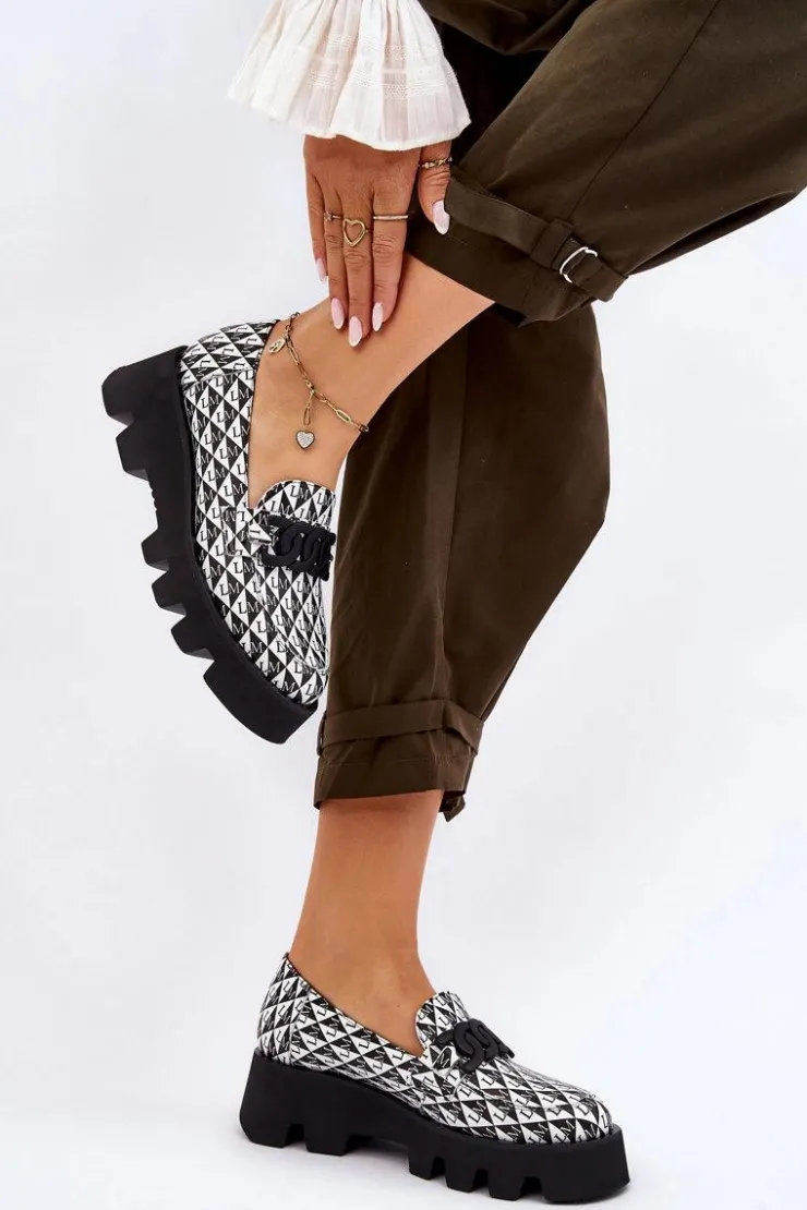 Laura Messi Mokasyny Damskie Skórzane|Mokasyny Na Platformie*Mokasyny Na Masywnej Platformie 2601 Czarno-Białe