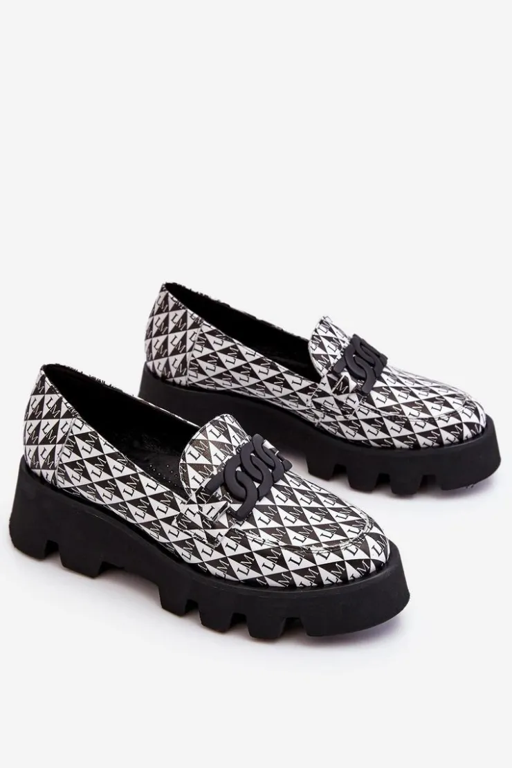 Laura Messi Mokasyny Damskie Skórzane|Mokasyny Na Platformie*Mokasyny Na Masywnej Platformie 2601 Czarno-Białe