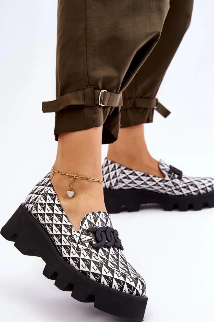 Laura Messi Mokasyny Damskie Skórzane|Mokasyny Na Platformie*Mokasyny Na Masywnej Platformie 2601 Czarno-Białe