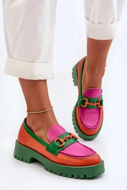 CheBello Mokasyny Damskie Skórzane*Mokasyny Skórzane Damskie Z Ozdobą 4444 Pomarańczowe