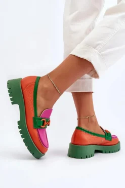 CheBello Mokasyny Damskie Skórzane*Mokasyny Skórzane Damskie Z Ozdobą 4444 Pomarańczowe