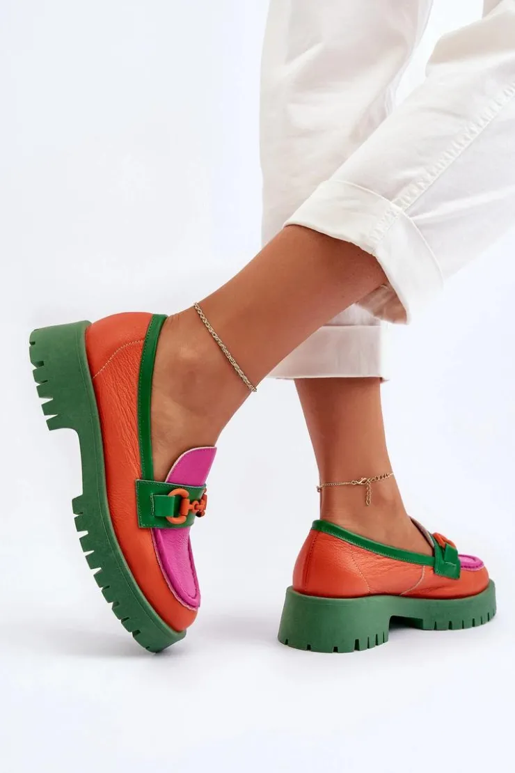 CheBello Mokasyny Damskie Skórzane*Mokasyny Skórzane Damskie Z Ozdobą 4444 Pomarańczowe