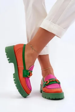 CheBello Mokasyny Damskie Skórzane*Mokasyny Skórzane Damskie Z Ozdobą 4444 Pomarańczowe