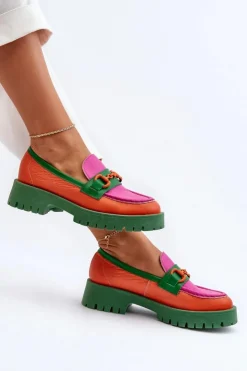 CheBello Mokasyny Damskie Skórzane*Mokasyny Skórzane Damskie Z Ozdobą 4444 Pomarańczowe