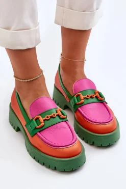 CheBello Mokasyny Damskie Skórzane*Mokasyny Skórzane Damskie Z Ozdobą 4444 Pomarańczowe