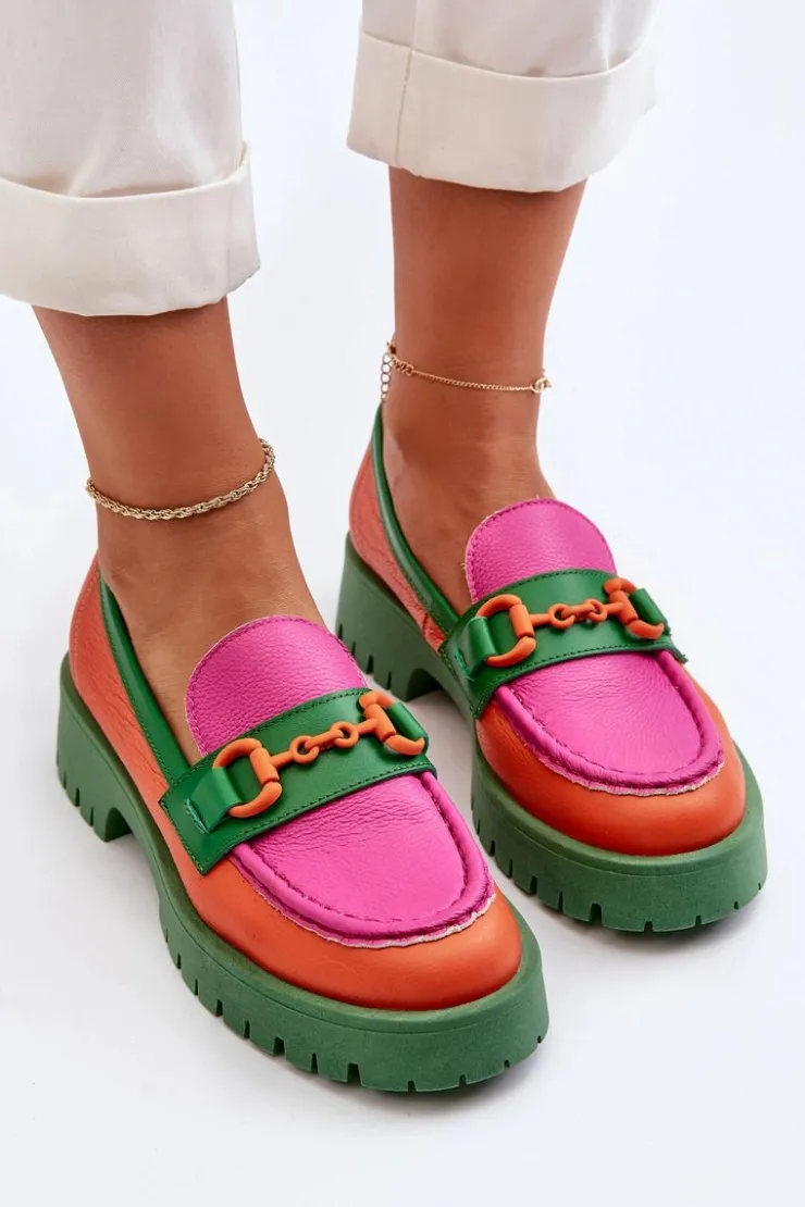 CheBello Mokasyny Damskie Skórzane*Mokasyny Skórzane Damskie Z Ozdobą 4444 Pomarańczowe