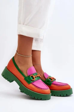 CheBello Mokasyny Damskie Skórzane*Mokasyny Skórzane Damskie Z Ozdobą 4444 Pomarańczowe