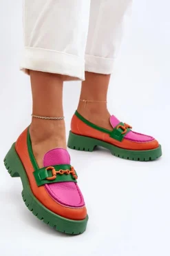 CheBello Mokasyny Damskie Skórzane*Mokasyny Skórzane Damskie Z Ozdobą 4444 Pomarańczowe