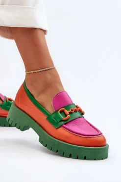 CheBello Mokasyny Damskie Skórzane*Mokasyny Skórzane Damskie Z Ozdobą 4444 Pomarańczowe