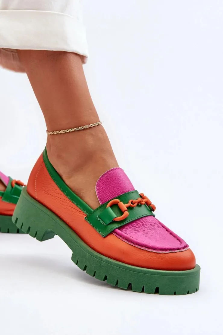 CheBello Mokasyny Damskie Skórzane*Mokasyny Skórzane Damskie Z Ozdobą 4444 Pomarańczowe