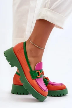 CheBello Mokasyny Damskie Skórzane*Mokasyny Skórzane Damskie Z Ozdobą 4444 Pomarańczowe