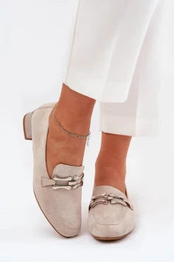 Boto Mokasyny Damskie Zamszowe*Mokasyny Z Ozdobą Na Delikatnym Obcasie Eko Zamszowe Jasnobeżowe Pillitha