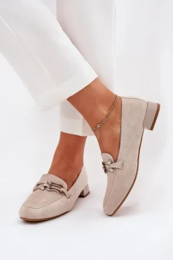 Boto Mokasyny Damskie Zamszowe*Mokasyny Z Ozdobą Na Delikatnym Obcasie Eko Zamszowe Jasnobeżowe Pillitha