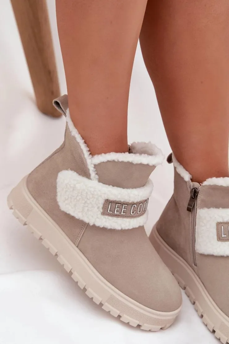 Damskie Lee Cooper Śniegowce Botki Damskie Z Naturalnego Zamszu Z Kożuszkiem LCJ-25-01-3739 Szare