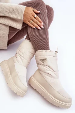 Outlet Boto Śniegowce Damskie Na Grubej Podeszwie Jasnobeżowe Lureta