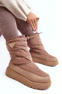 Boto Śniegowce Damskie*Śniegowce Damskie Na Grubej Podeszwie Ciemnobeżowe Lureta Beżowy