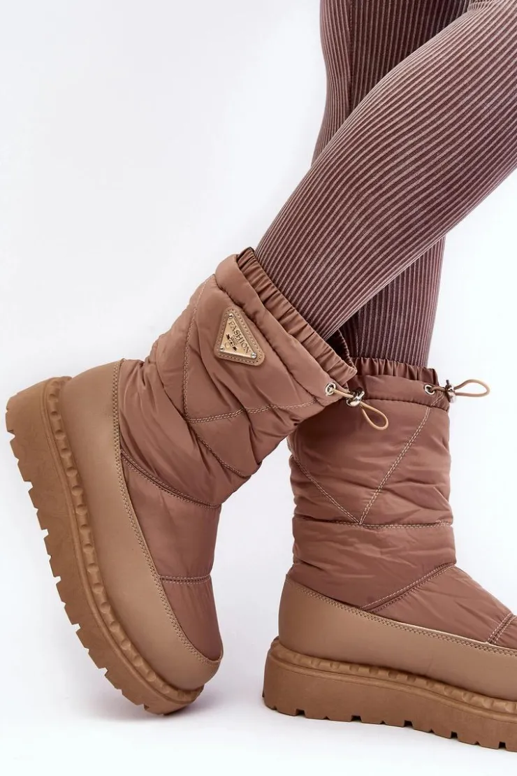 Boto Śniegowce Damskie*Śniegowce Damskie Na Grubej Podeszwie Ciemnobeżowe Lureta Beżowy